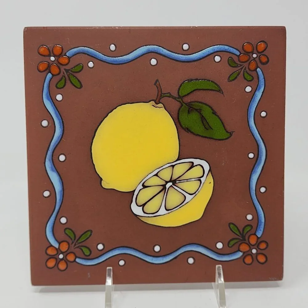Cleo Teissedre Tile Trivet or Wall Hanging 2 Tiles Kitchen Decor Lemon Peas 6